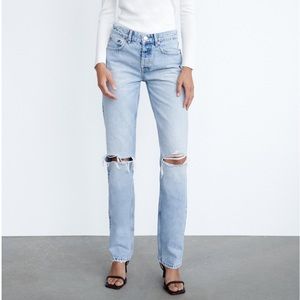 Zara Ripped Straight Jeans-Light Blue